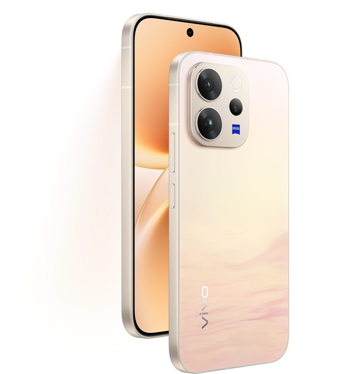 vivo V70 in Alpine Gray, front screen and square ZEISS camera island on a white background